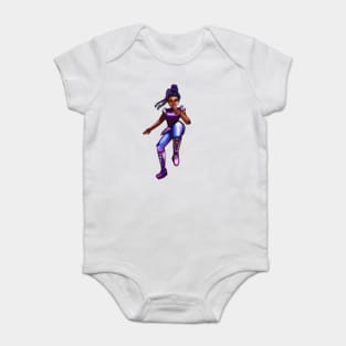 Black anime superhero brown eyed girl from outer space doing a high knee kick ! beautiful  black girl with Afro hair, brown eyes, Cherry pink lips and dark brown skin. Hair love ! Baby Bodysuit